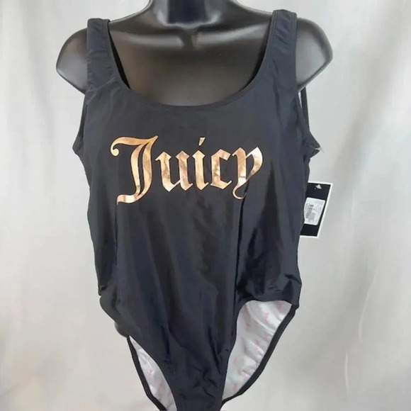 NEW Juicy Couture One Piece Swimsuit Foil Verbiage Logo Scoop Neck Black Women M - Picture 3 of 8